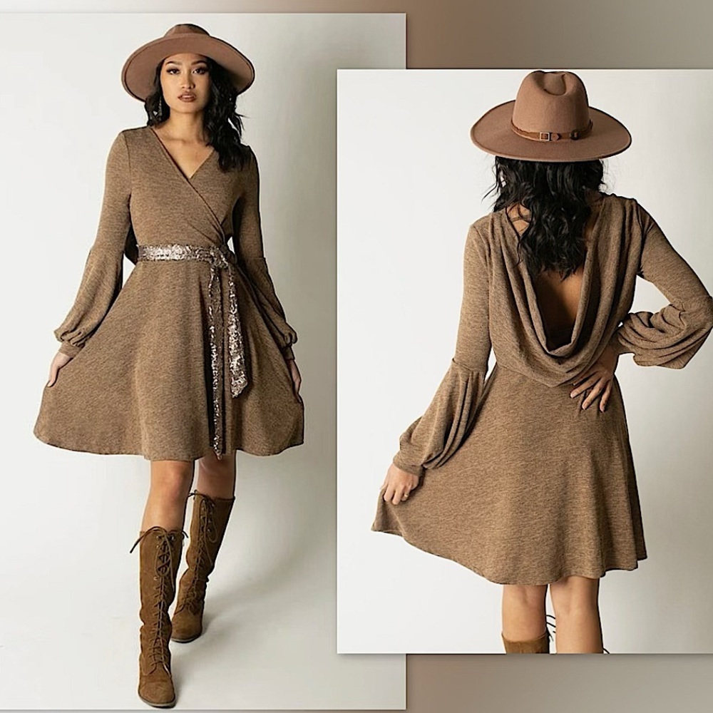 🍈Joyfolie Sarra Mini/Midi Boho Cowl Back Dress in Heather Taupe, XS NWT✨